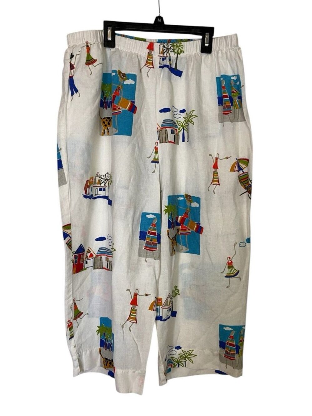 Hot Cotton White Wide Leg Pants with Multicolor Beach Print